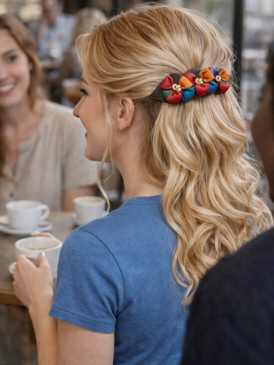 Handmade Colombian Leather Floral Barrette | Boho Multicolor Statement Clip main image 5